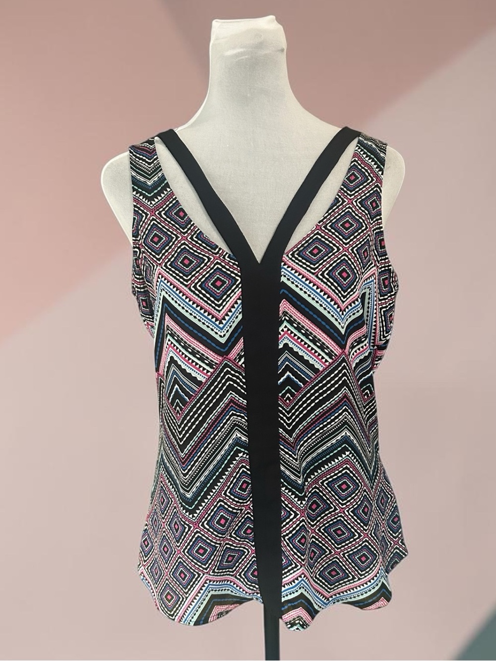 Candie's Geometric V-Neck Sleeveless Tank - Black, Pink, Aqua